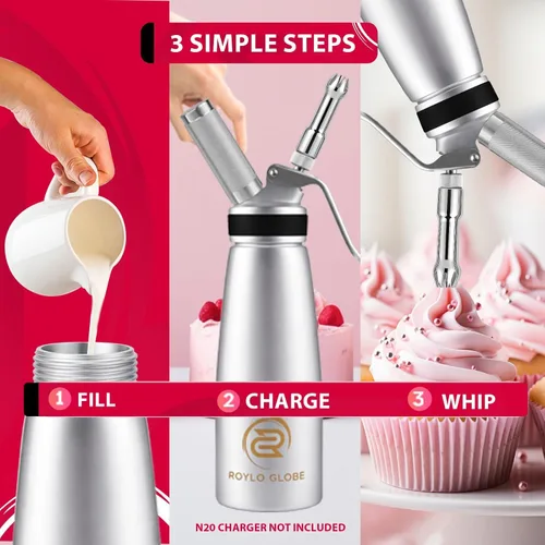 Vista 4 de Dispensador profesional de crema batida – Máquina de crema batida de 16.9 fl oz con agarre de silicona – Dispensador de crema batida casero