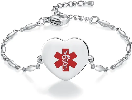 Vista 9 de Pulsera de alerta médica para mujer, ajustable, acero inoxidable, dije de corazón, joyería médica