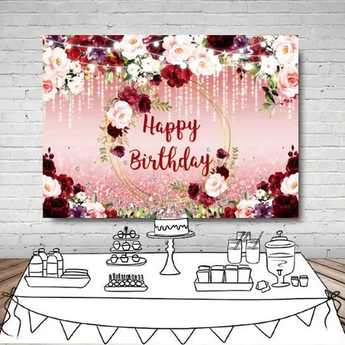 Vista 4 de Sensfun Telón de fondo de cumpleaños floral burdeos con diseño de lunares con purpurina y diseño floral de feliz cumpleaños para mujeres y niñas