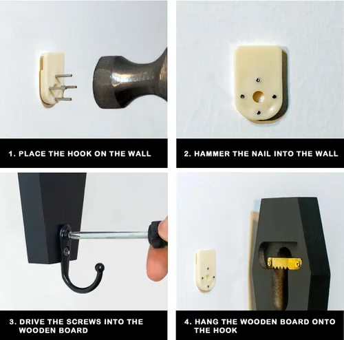 Vista 3 de 4 Piezas de Gancho de Pared en Forma de Ataúd para Llaves - Decoración Gótica Espeluznante para el Hogar en la Pared - Perchero Rústico Negro