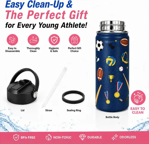 Vista 8 de Botella de agua deportiva de 16 onzas para niños, botella aislada de acero Sports Balls