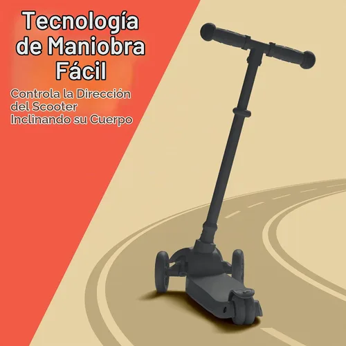 Vista 4 de Mini scooter negro de 3 ruedas para niños, inclinado para dirigir con ruedas con luces LED, manubrio ajustable, cubierta antideslizante ancha