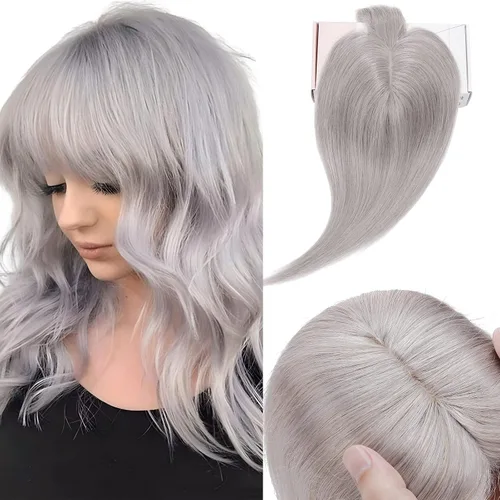 Vista 16 de Elailite Pelucas para mujeres con flequillo, cabello humano real, topper con cabello delgado, 13 cm x 7 cm, base de seda, clip en piezas de cabello