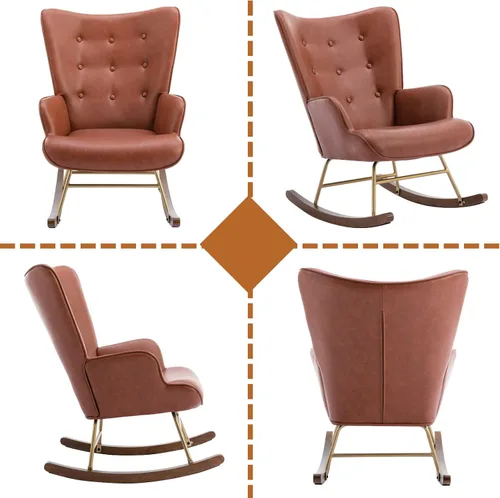 Vista 7 de DOGNNAK Mecedora de cuero marrón con respaldo copetudo con base de madera maciza, respaldo alto cómodo, sillón de ocio para sala de estar y Mecedora