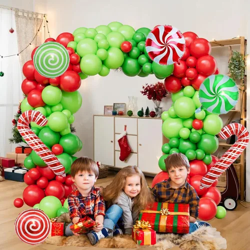 Vista 5 de Kit de arco de globos de Navidad, 129 globos de Navidad con globos de látex de 18 pulgadas, 12 pulgadas, 5 pulgadas, verde, rojo, lima, verde