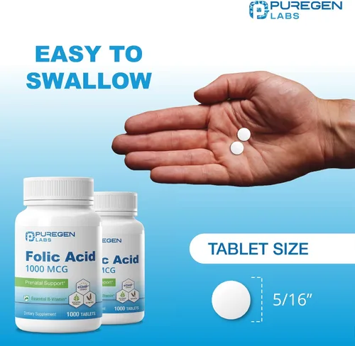 Vista 5 de Puregen Labs - Tabletas de ácido fólico de 1000 mcg Vitamina B9 Sin OMG Sin gluten Tamaño de valor de 1000 comprimidos