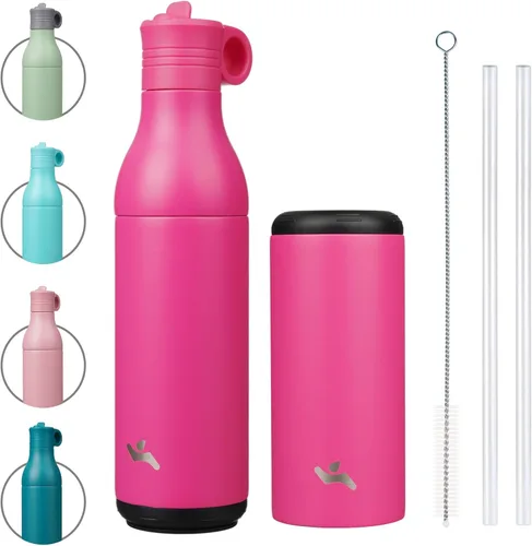 Vista 8 de Konokyo Botella de agua de acero inoxidable de 13 onzas con pajilla, aislada, botella de viaje de metal reutilizable con parte inferior extraíble