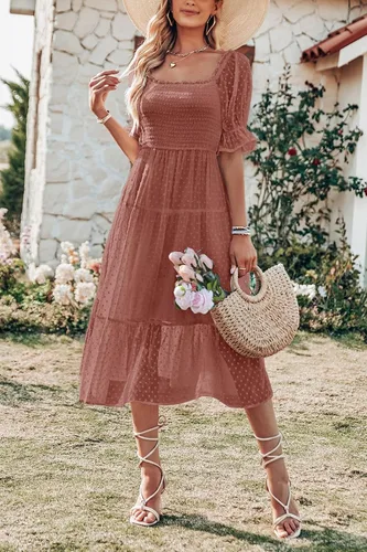Vista 7 de MEROKEETY - Vestido de verano con lunares suizos para mujer vestido midi con cuello cuadrado, mangas abombadas, volados, lazo en la espalda