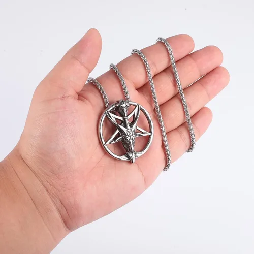 Vista 3 de BTNBTGB Collar del templo satánico con cabeza de cabra, pentagrama invertido, pentáculo de acero inoxidable, collar de baphomet con dije, cadena