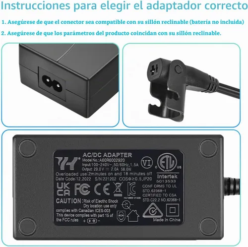 Vista 6 de Fuente de alimentación reclinable Sopito Wide AC/DC 100-240V - con cable de extensión de 6.6 pies, transformador de 29 V 2 A, conector de 2 pines