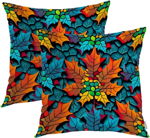 Vista 8 de Batmerry Autumn Maple Leaves Throw Pillow Covers, red Fall Orange Leaves Decorative Pillow Covers Digital Printing Blended for Couch Sofa Bed