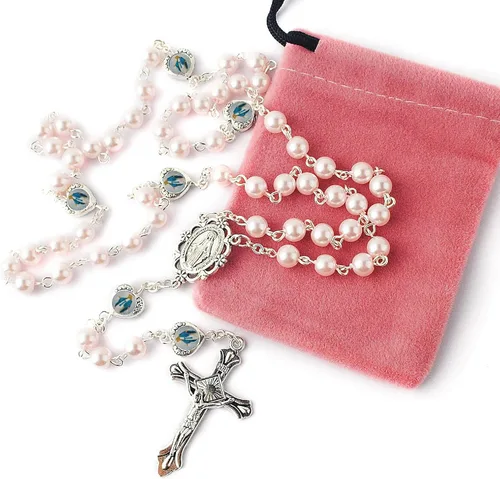 Vista 5 de HanlinCC Cuentas de perlas de vidrio con corazón epoxi milagroso collar de rosario en bolsa de regalo de terciopelo con tarjeta de oración
