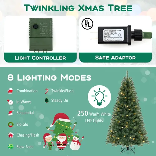 Vista 3 de DORTALA Árbol de Navidad artificial verde preiluminado de 7 pies, con bisagras, con 250 luces LED blancas cálidas, 8 modos de iluminación, 830