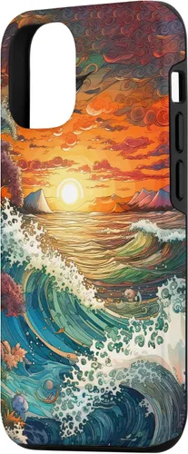 Vista 2 de iPhone 14 Sunset Ocean Wave Pintura para amantes de la playa y funda de surfista