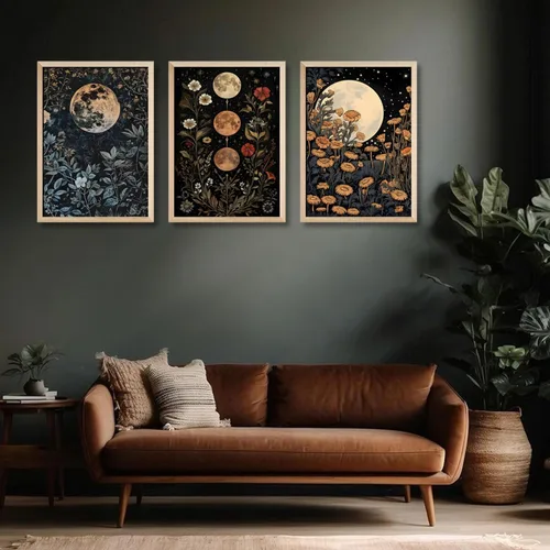 Vista 4 de 3 piezas enmarcadas de plantas de fase lunar en lienzo, arte de pared retro con diseño de flores de luna, impresión de póster con imagen celestial