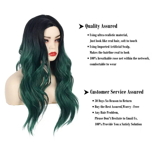Vista 4 de Baruisi Long Curly Wavy Ombre Black Green Wig Synthetic Natural Middle Part Cosplay Costume Hair Wigs for Women