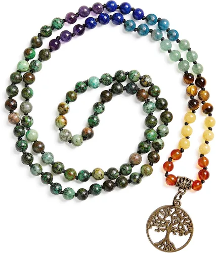 Vista 19 de Bivei 7 Chakra 108 Mala Beads Bracelet Real Gemstone Yoga Meditation Hand Knotted Mala Prayer Bead Necklace