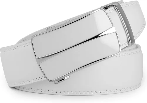 Vista 2 de Clubbelts Cinturón de cuero con trinquete para hombre con hebilla automática, negroblancomarrón, 1 38 de ancho, cinturón de vestir ajustable