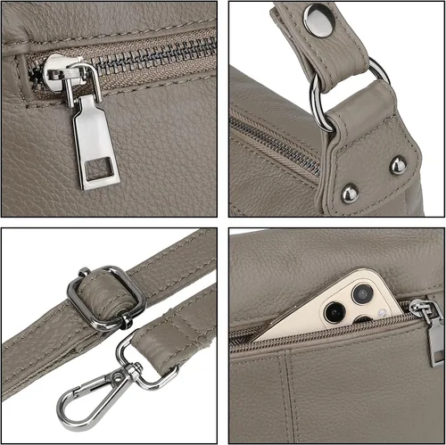 Vista 5 de YALUXE Bolso de hombro de cuero genuino, tamaño mediano, con múltiples bolsillos con cremallera, bolsos cruzados para mujer, color negro