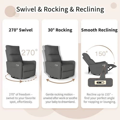 Vista 4 de Power Swivel Recliner Chair, Nursery Rocking Chairs, Gray Dark Gray