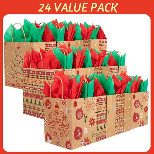 Vista 4 de 24 bolsas de regalo de papel kraft de Navidad con 24 papeles de seda, bolsas de dulces navideños de 7 x 8.6 x 3 pulgadas con asas, bolsas de dulces
