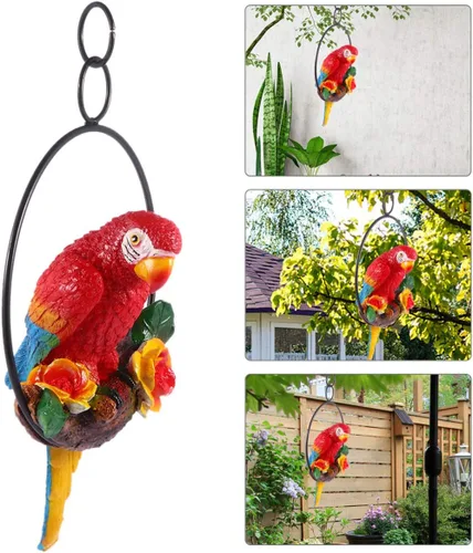 Vista 3 de Hemoton Estatua colgante de loro, anillo de pájaro, perca, escultura de resina para patio, jardín, césped, ventana, árbol, decoración del hogar