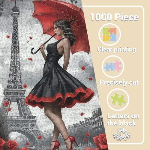Vista 4 de Rompecabezas de 1000 piezas con diseño de flores de París, mujer con paraguas para adultos, rompecabezas de la Torre Eiffel, rompecabezas