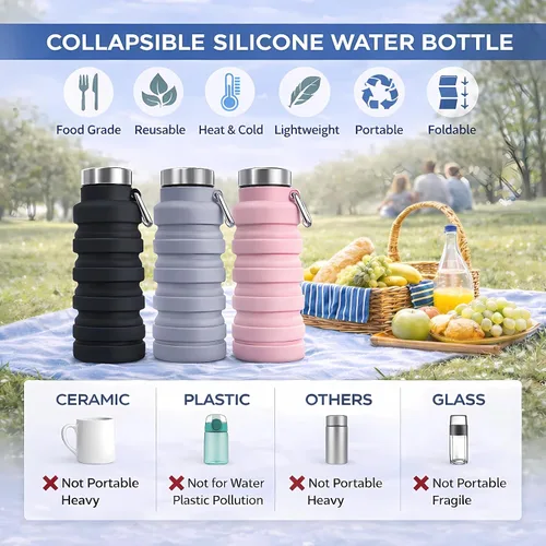 Vista 3 de Botella de agua plegable, capacidad de 16 onzas, portátil, reutilizable, de silicona, a prueba de fugas, con hebilla, almacenamiento plegable