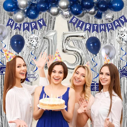 Vista 5 de Decoraciones de cumpleaños número 15 para niños y niñas azul plateado, pancarta de decoraciones de feliz cumpleaños número 15, globos de cumpleaños