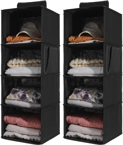 Vista 12 de 2 Packs Hanging Closet Organizer Storage, 3-Shelf Hanging Shelves for Closet, Closet Clothes Organizer and Storage with Side Pocket, Beige