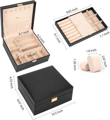 Vista 5 de Voova Joyero organizador para mujeres adolescentes y niñas estuche de almacenamiento grande de 2 capas para hombres soporte de joyería de piel