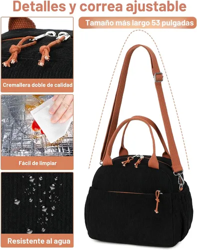 Vista 5 de Bluboon Bolsa de almuerzo para mujer, bonita bolsa de almuerzo de pana con correa para el hombro, reutilizable, aislada, gran capacidad