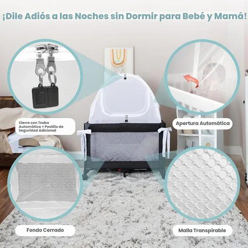 Vista 4 de Tienda para Mini Cuna y Corral, Toldo de Malla para Evitar que el Bebé se Salga, Malla Transpirable con Cremallera de Cierre Automático y Pestillo