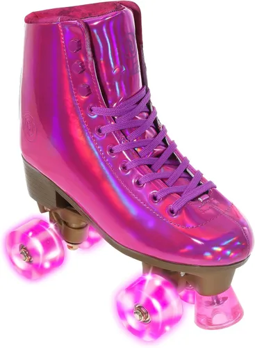 Vista 6 de JajaHoho Patines de ruedas para mujer, piel sintética holográfica magenta de alta calidad, patines de doble fila brillantes con cuatro ruedas rosa