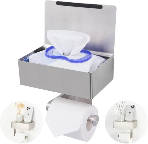 Vista 7 de Soporte de papel higiénico adhesivo con estante y almacenamiento, juego de soporte de rollo de papel higiénico montado en la pared y dispensador