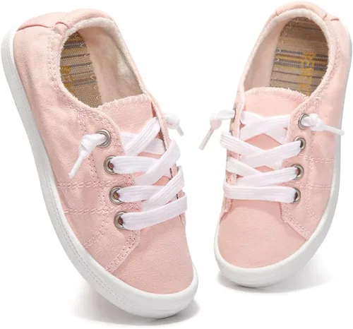 Vista 5 de Zapatos deportivos de lona para niños y niñas, zapatos de moda casuales de caña baja, cómodos zapatos para caminar con cordones