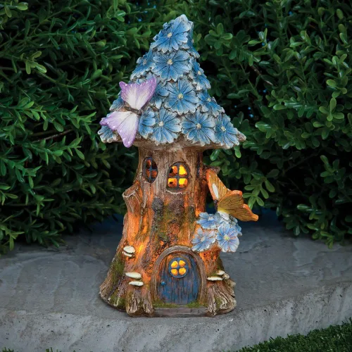 Vista 4 de Bits and Pieces - Casa de hadas de mariposas solares y margaritas azules - Decoración única de césped y jardín