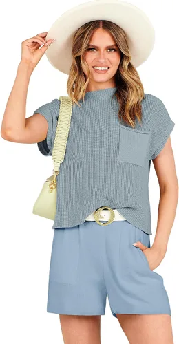 Vista 2 de Caracilia Conjuntos de descanso de 2 piezas para mujer, suéteres de manga corta y pantalones cortos de verano 2024, conjuntos a juego, ropa casual a