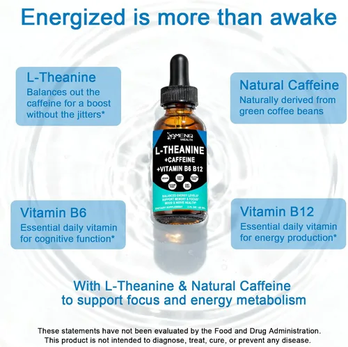 Vista 2 de L Theanine - Suplemento de cafeína en gotas líquidas orgánicas para mujeres y hombres Suplemento energético enfocado con L-teanina de 200 mg y 50