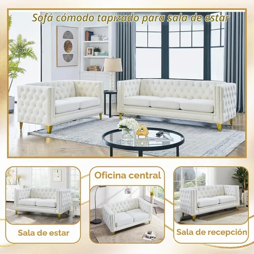 Vista 5 de Juego de 2 sofás de terciopelo para sala de estar, cómodo loveseat y sofá de 3 plazas, sofá moderno con respaldo acolchado y decoración de remaches
