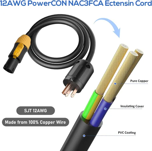 Vista 3 de IP65 profesional construido a mano 12 AWG macho NEMA5-15P a SAC3FX PowerCON Cable verdadero (3 pies) P65 Profeesional Hand-Built for LED Screen