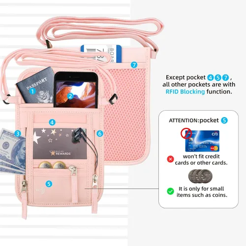Vista 5 de WALNEW Cartera de viaje para pasaporte para mujeres y hombres, bloqueo RFID, cartera delgada de viaje con correa de cordón para el cuello