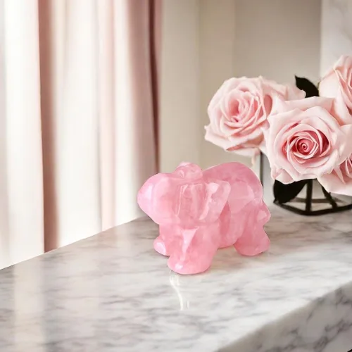 Vista 6 de Decoración de elefante de cuarzo rosa, cristales rosados, piedras curativas, figura de bolsillo, estatua de cristal natural, escultura tallada a