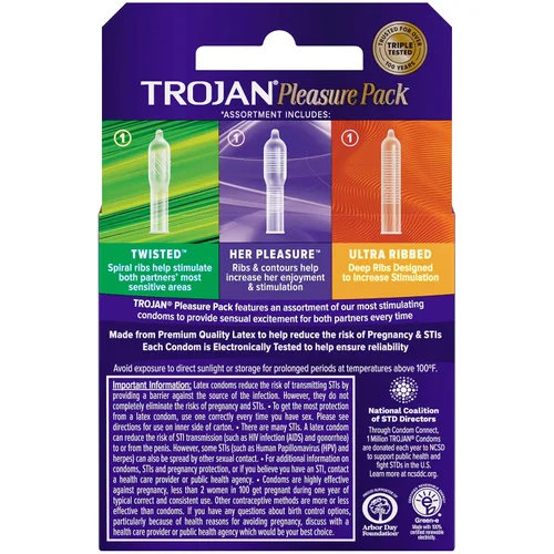 Vista 3 de Trojan Pleasure Pack - Condón de látex lubricado de alta calidad, 3 unidades, paquete de 6
