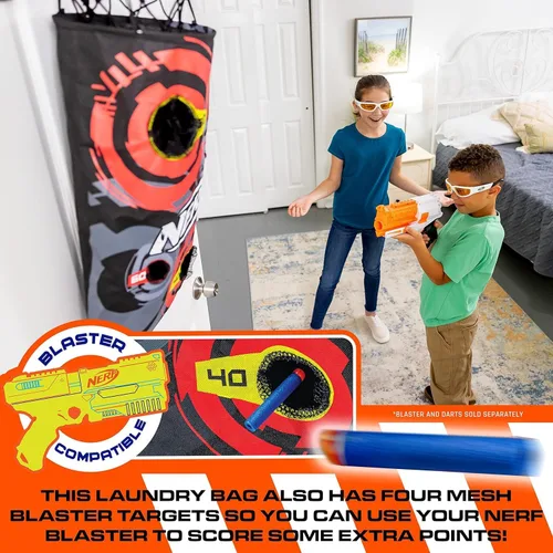 Vista 5 de NERF Cesta de aro de baloncesto – Cesta para ropa sucia sobre la puerta + objetivo de disparo – Mini canasta de aro + juego de baloncesto