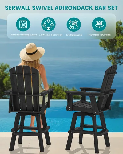 Vista 7 de SERWALL Silla de bar Adirondack giratoria de HDPE, taburetes de bar giratorios para exteriores, silla Adirondack de balcón para bistro, piscina
