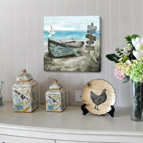 Vista 6 de Arte de pared para baño, decoración costera, barco náutico en la playa, lienzo con imagen de gaviota del océano, paisaje marino, arte de granja