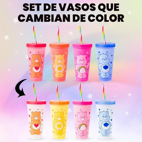 Vista 2 de Silver Buffalo Care Bears Corazones y Estrellas Juego de 4 Vasos de Plástico Cambian de Color con Popotes de Espiral Arcoíris con Tenderheart