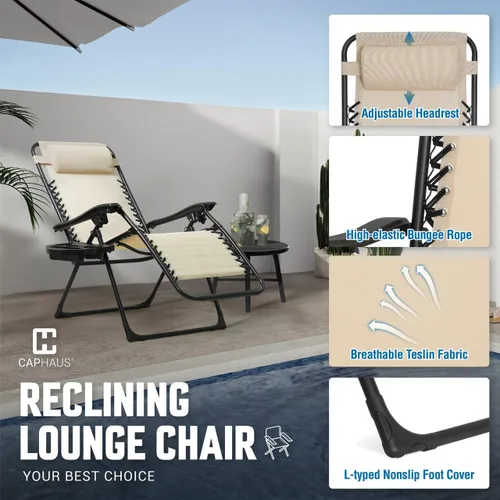 Vista 4 de CAPHAUS Silla reclinable beige Zero Gravity para exteriores, reclinable de gravedad cero, silla antigravedad para interiores y exteriores, silla