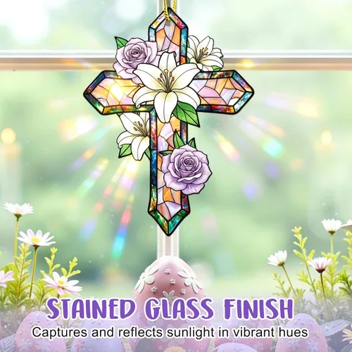 Vista 5 de WaaHome Adorno de cruz de Pascua para decoración de árbol, flor morada, decoración de Pascua, regalos religiosos para mujeres, hombres, niños
